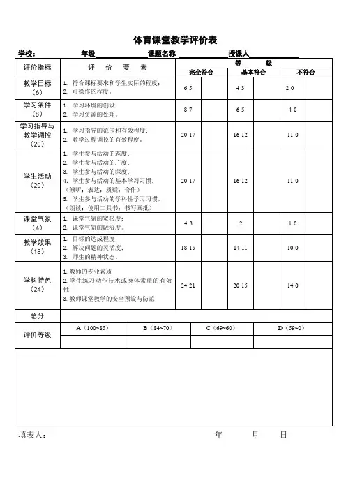 体育课堂教学评价表