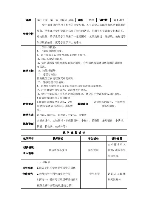 新苏科版九年级物理下册《十六章. 电磁转换  一、磁体与磁场》教案_6