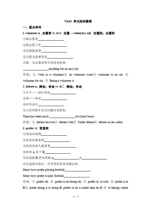 人教版(2019)必修第一册 学案Unit1  Teenage life单元知识梳理学案(有答案)