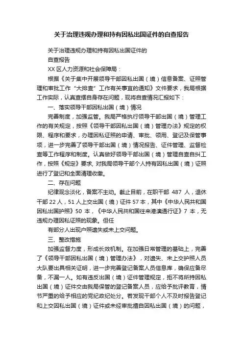 关于治理违规办理和持有因私出国证件的自查报告