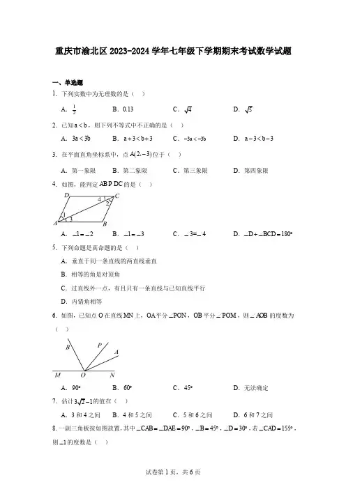 重庆市渝北区2023-2024学年七年级下学期期末考试数学试题