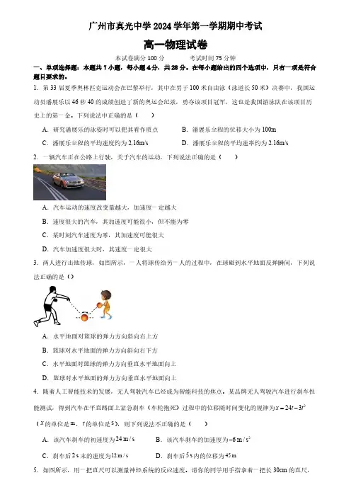 广东省广州市真光中学2024-2025学年高一上学期期中考物理试卷(含答案)