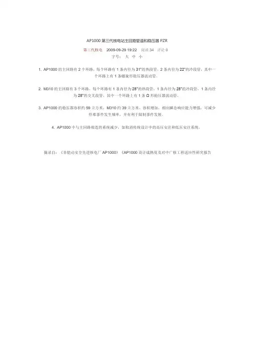 AP1000第三代核电站主回路管道和稳压器PZR
