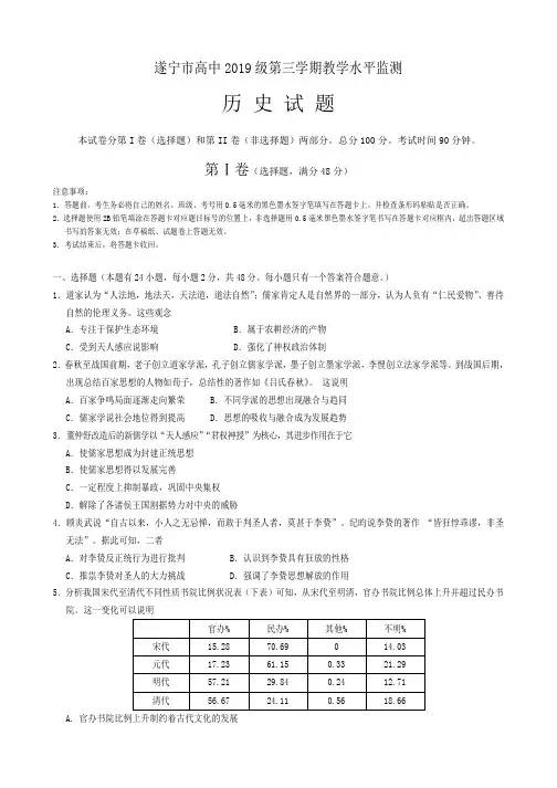 四川省遂宁市2019-2020学年高二上学期期末考试历史含答案