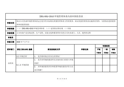 ISO14001-2015环境管理体系内部审核检查表