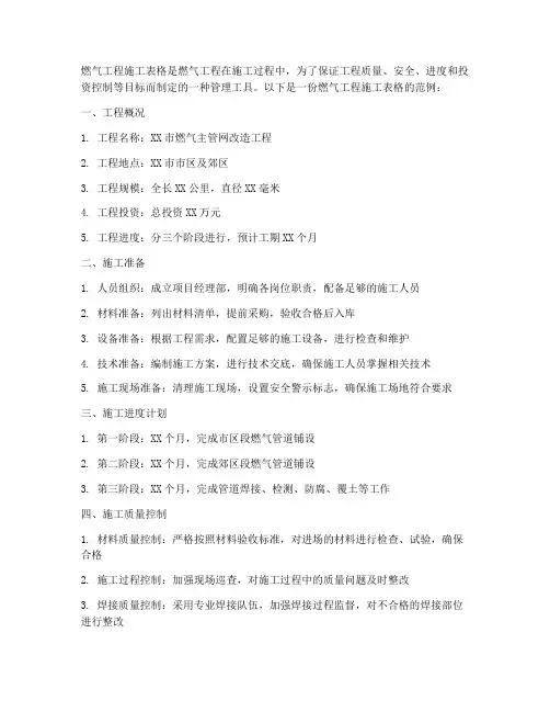 燃气工程施工表格