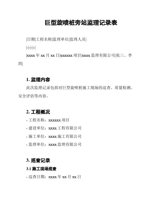 巨型旋喷桩旁站监理记录表