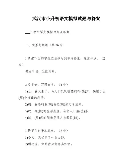 武汉市小升初语文模拟试题与答案