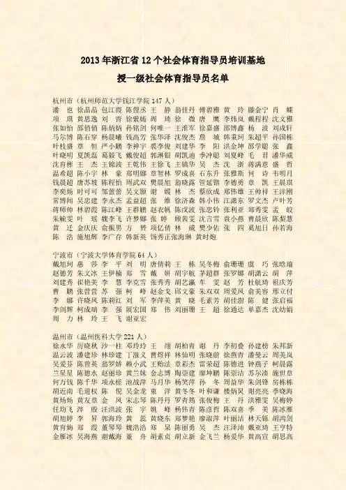 2013年浙江省12个社会体育指导员培训基地