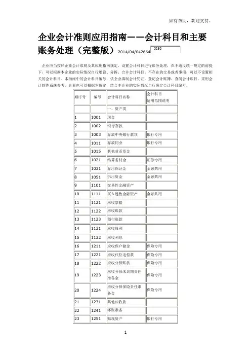 企业会计准则应用指南--会计科目与主要账务处理(完整版)