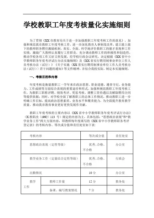 学校教职工年度考核量化实施细则
