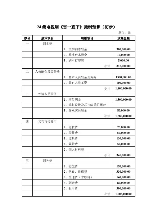 24集电视剧《雪一直下》摄制预算
