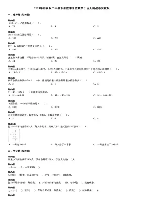 2023年部编版二年级下册数学暑假数学小巨人挑战卷突破版