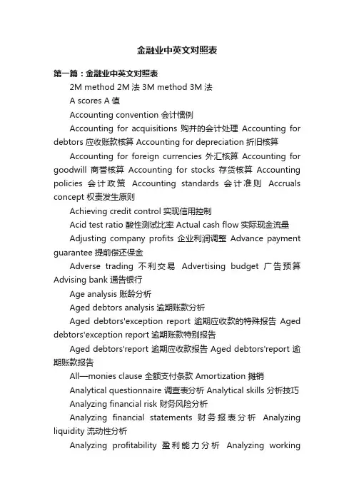 金融业中英文对照表