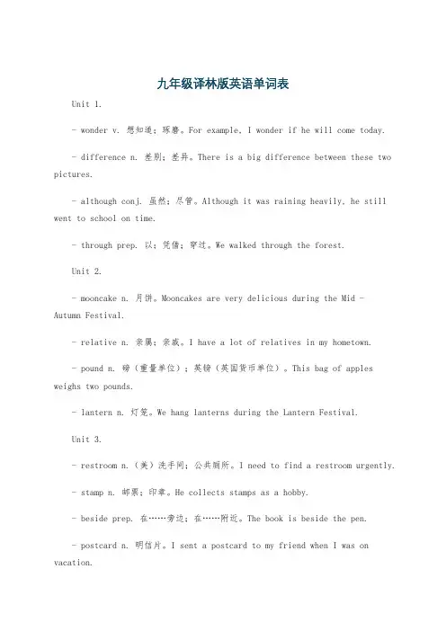 九年级译林版英语单词表
