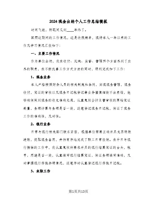 2024现金出纳个人工作总结模板（5篇）