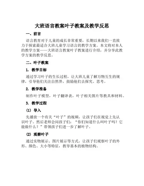 大班语言教案叶子教案及教学反思