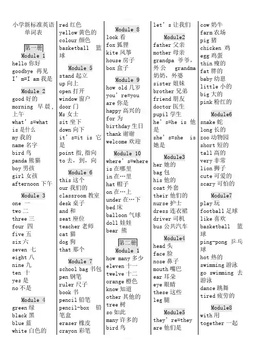 外研社小学新标准英语单词表汇总打印版(一年级起点)