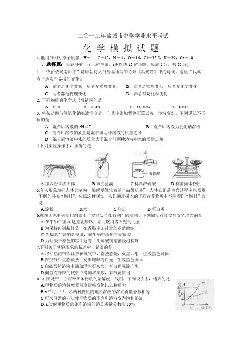 2012年盐城市中考化学模拟试题及答案(word)