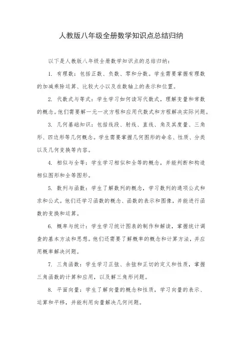 人教版八年级全册数学知识点总结归纳