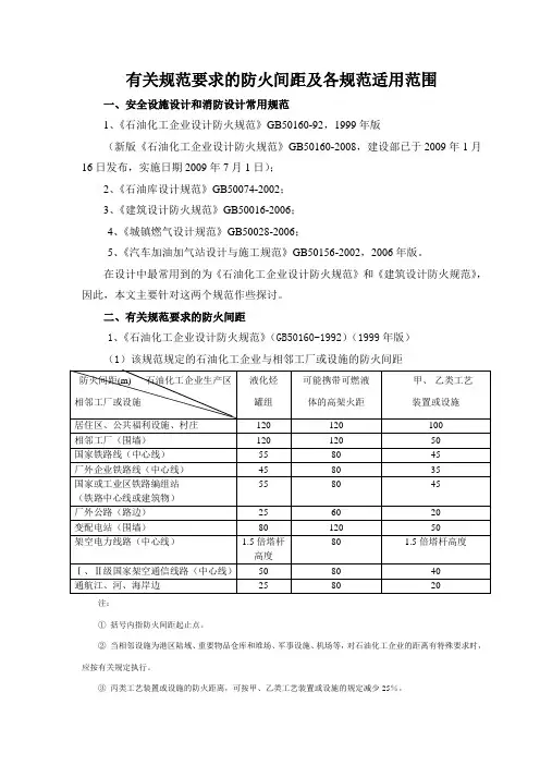 规范要求的防火间距及各规范适用范围