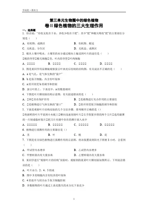 2022-2023学年七上《第三单元 绿色植物的三大生理作用》单元复习测试卷(原卷版)