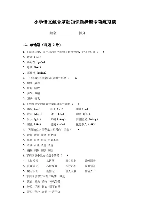 小学语文综合基础知识选择题专项练习题 (测试版)