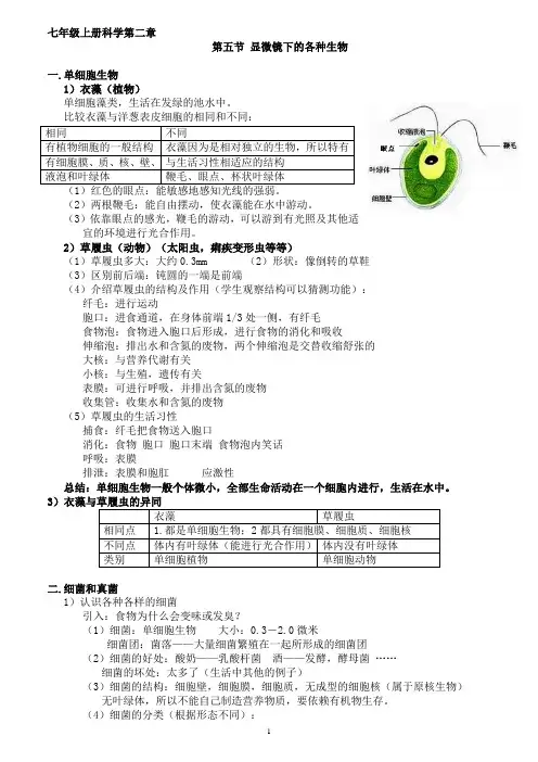 七年级上册科学第二章第五节 显微镜下的各种生物
