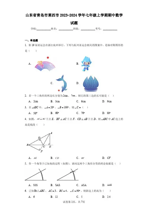 山东省青岛市莱西市2023-2024学年七年级上学期期中数学试题