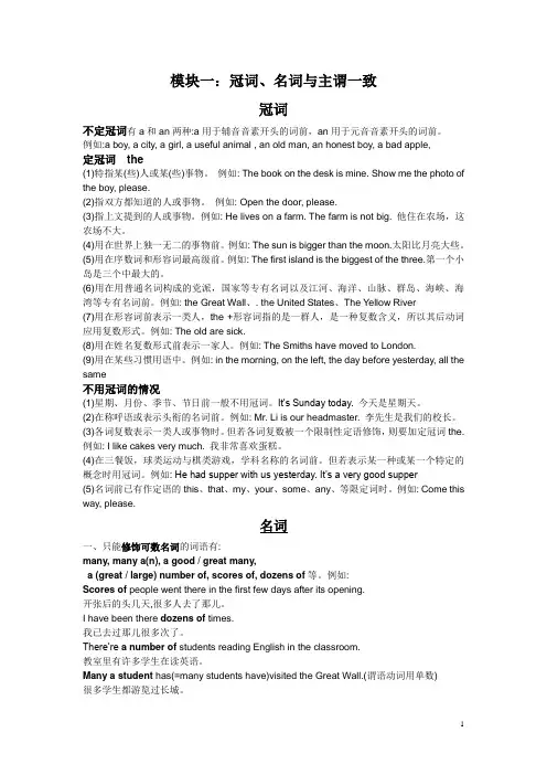 高考复习计划 模块一 冠词 名词及主谓一致