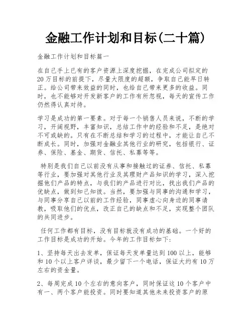 金融工作计划和目标(二十篇)