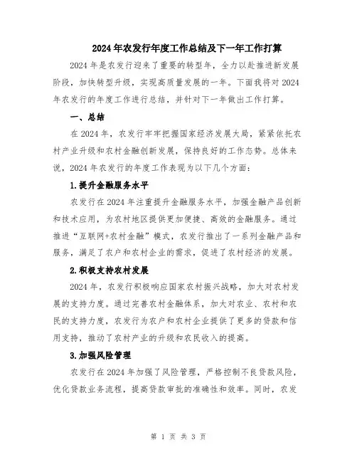 2024年农发行年度工作总结及下一年工作打算