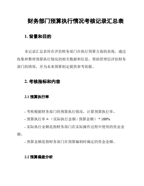 财务部门预算执行情况考核记录汇总表