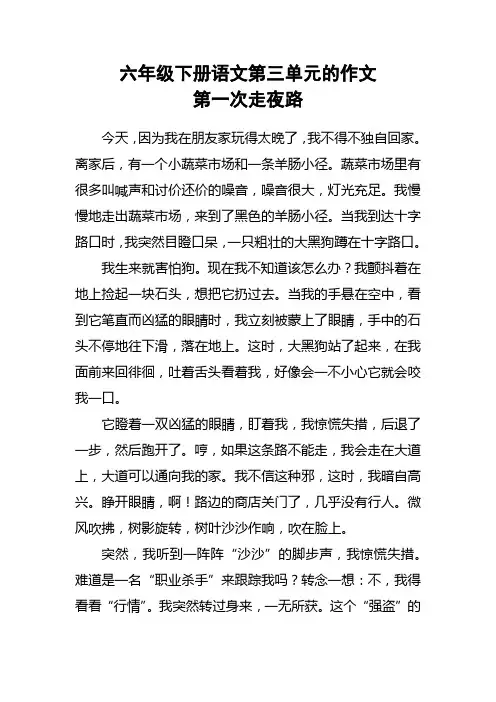 六年级下册语文第三单元的作文第一次走夜路