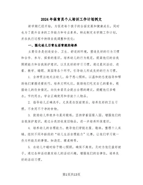 2024年保育员个人培训工作计划例文（6篇）
