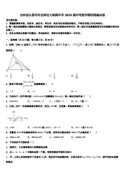 吉林省长春市东北师范大附属中学2024届中考数学模拟精编试卷含解析