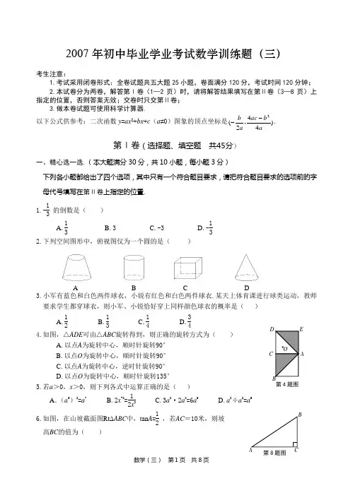 2007年初中毕业学业考试数学训练题(三)