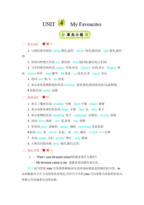 冀教版四年级英语下册Unit 4 My Favourites 知识点汇总清单