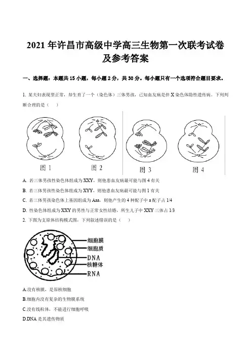 2021年许昌市高级中学高三生物第一次联考试卷及参考答案
