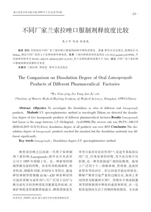不同厂家兰索拉唑口服制剂释放度比较