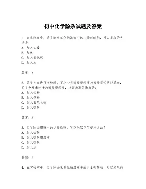初中化学除杂试题及答案