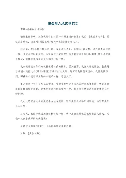 资金注入承诺书范文