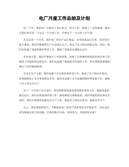 电厂月度工作总结及计划