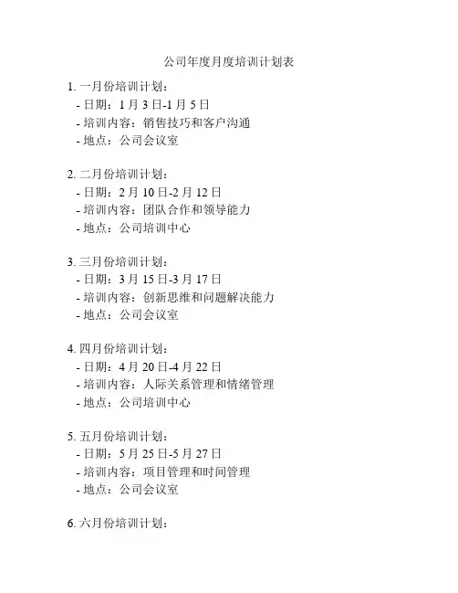 公司年度月度培训计划表