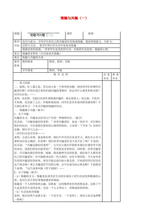 辽宁大连市76中七年级政治上册《7.1 情趣与兴趣(一)》教学设计 新人教版