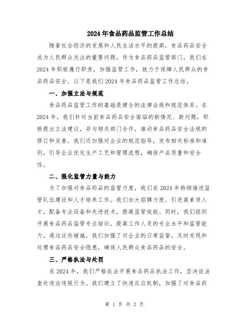 2024年食品药品监管工作总结