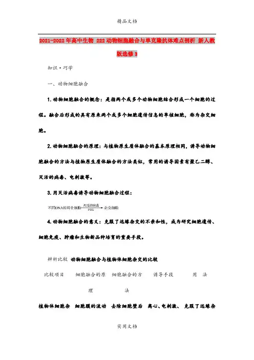 2021-2022年高中生物 222动物细胞融合与单克隆抗体难点剖析 新人教版选修3