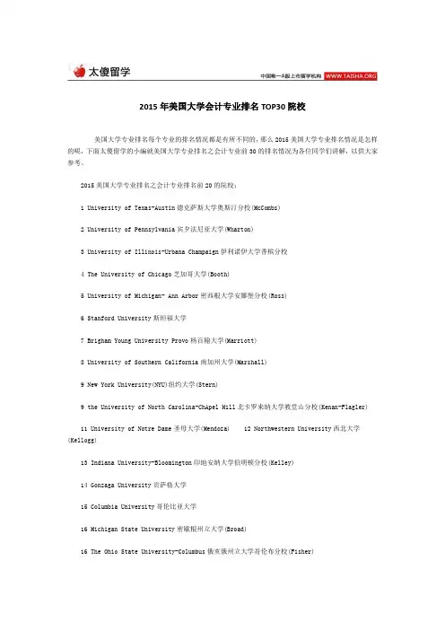 2015年美国大学会计专业排名TOP30院校