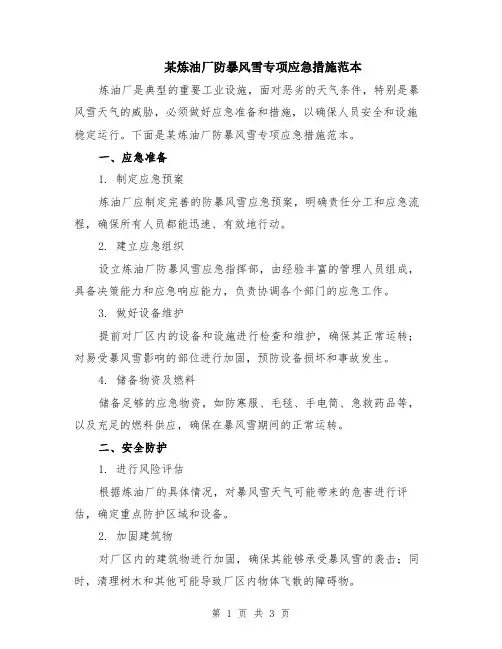 某炼油厂防暴风雪专项应急措施范本