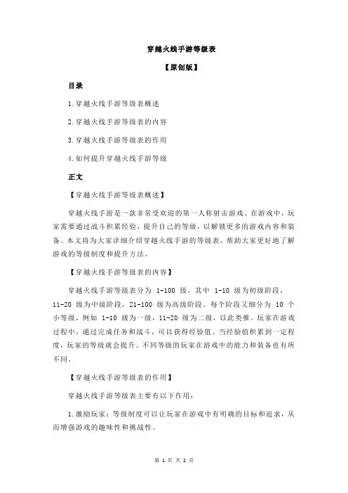 穿越火线手游等级表